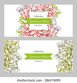 Summertime collection. Romantic botanical invitation. Greeting card with floral background.