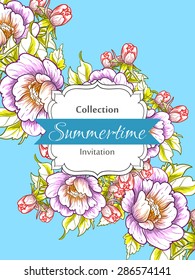 Summertime collection. Romantic botanical invitation. Greeting card with floral background.