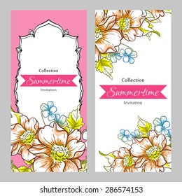 Summertime collection. Romantic botanical invitation. Greeting card with floral background.