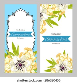 Summertime collection. Romantic botanical invitation. Greeting card with floral background.
