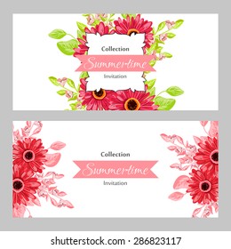 Summertime collection. Romantic botanical invitation. Greeting card with floral background.