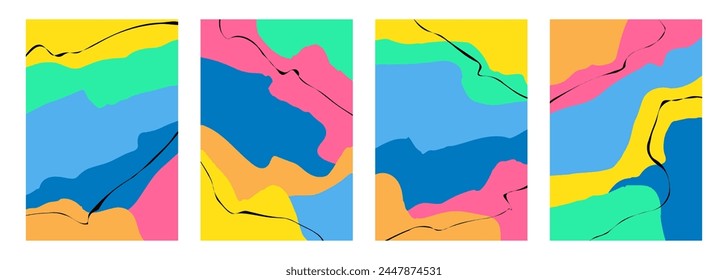 Sommerliche Farben. Abstrakte Hintergründe mit verschiedenen handgezeichneten dynamischen Formen und schwarzen Wellenlinien für sommerliches Jahreszeit-Creative-Grafikdesign. Vektorillustration.