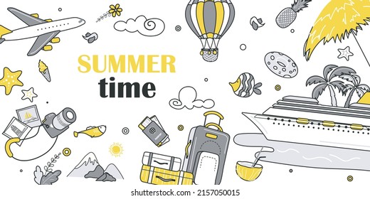 Summertime concept for banner design with flat line doodle pattern. Hand drawing texture with sea cruise, beach, travel, vacation, cocktail, air balloon, photo, mountains. Vector illustration for web