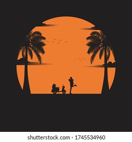 Summertime concept. Couple in love on the beach at sunset ,background. Travel greeting card. silhouettes of love in nature and coconut trees. vector illustration flat style
