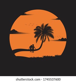 Summertime concept. Couple in love on the beach at sunset, background. Travel greeting card. Silhouettes of people in love. Nature and coconut plants. Vector illustration flat style