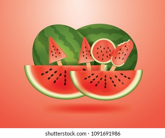 Summertime concept with e Watermelon ice cream slice popsicles on  red background,vector and illustration.