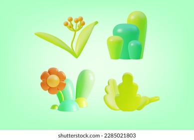 Summertime Concept Element Set Plasticine Cartoon Style Include of Flower and Shrub or Bush. Vector illustration