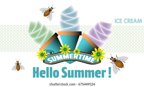 Summertime concept with ice cream, bees and flowers