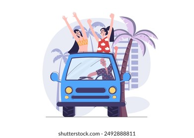 Summertime concept in modern flat design for web. Young man and woman friends going in summer vacation by camper car, resting in driving auto journey at tropical resort together. Vector illustration.