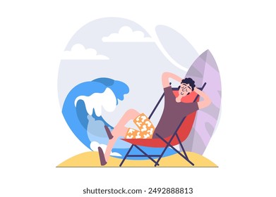 Concepto de verano en diseño plano moderno para el Web. Hombre surfista relajándose en la playa del océano y surfeando en las olas altas, haciendo pasatiempo de los deportes acuáticos en el balneario en el Ocio de vacaciones. Ilustración vectorial.