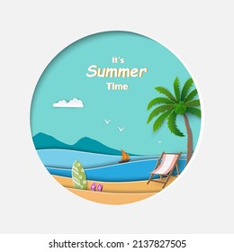 Summertime concept on paper cut out round frame,view of blue sea with beach,surfboard,coconut tree and boat,vector illustration