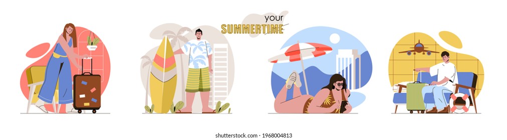 Summertime concept scenes set. Men and women waiting at airport, vacation to sea resort, sunbathing on beach, surfing. Collection of people activities. Vector illustration of characters in flat design