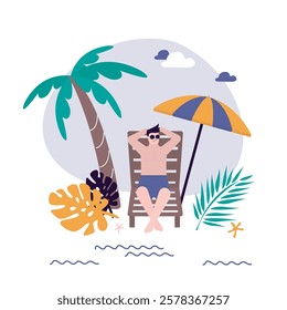 Summertime, concept. Tourist lying on deck chair sunbathing under beach umbrella. Sea shore with palms exotic hotel. Male character on summer vacation, tropical resort. flat vector illustration