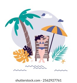 Summertime, concept. Tourist woman lying on deck chair sunbathing under beach umbrella. Sea shore with palms exotic hut house hotel. Summer vacation, tropical resort. flat vector illustration