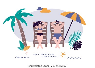 Summertime, concept. Tourists lying on deck chairs sunbathing under beach umbrella. Sea shore with palm trees, exotic hotel. Love couple on summer vacation, tropical resort. flat vector illustration