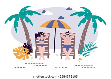 Summertime, concept. Tourists lying on deck chairs sunbathing under beach umbrella. Sea shore with palm trees, exotic hotel. Love couple on summer vacation, tropical resort. flat vector illustration