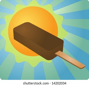 Summertime cooling off treat, shining sun illustration with ice cream