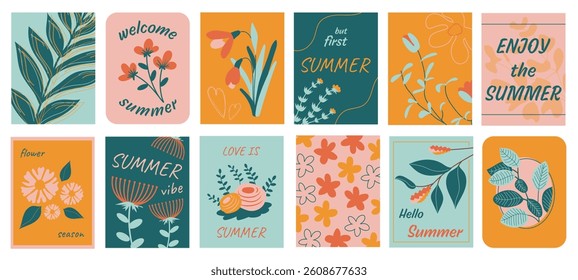 Summertime cover typography template for posters, prints. Minimalistic banners set with green leaves and summer plants, blooming roses and daisy, flowers, colourful bouquets. Vector illustration.