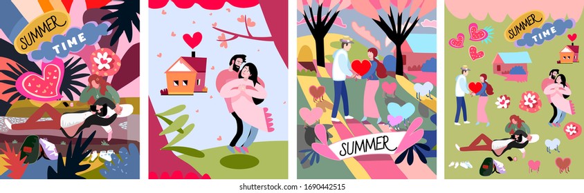 Summertime cute vector illustration with love couples. Cards for loved ones. Guy and girl in the warm season. St. Valentine's Day. Summer attributes and people at nature. Hearts and flowers.