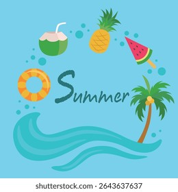 Summertime cute vector illustration. Summer beach element of swimming ring, coconut, pineapple, watermelon. Greeting card for summer travel.