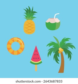 Summertime cute vector illustration. Summer beach element of swimming ring, coconut, pineapple, watermelon. Greeting card for summer travel.