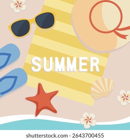 Summertime cute vector illustration. Summer beach element of hat, sunglasses, shell, starfish. Greeting card for summer travel.