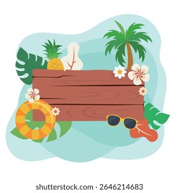 Ilustração vetorial bonito de verão. Verão praia elemento de chapéu, óculos de sol, concha, estrela-do-mar. Cartão comemorativo para viagens de verão.