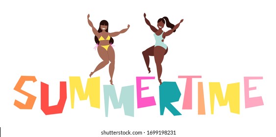 Mujeres bailadoras de verano. Dos bellas chicas bailando en un texto de verano. Ilustración vectorial de moda y letras modernas y coloridas. Felices personajes femeninos. Chicas divirtiéndose. Diseño de banner web. 