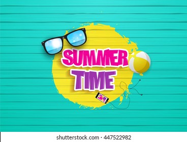 Summertime Design. Painted wood background, with graffiti style, readable summertime text, and beach objects.