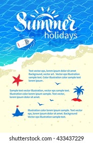 Summertime design with summer word lettering, boat, sea surf, water ripple and beach sand.