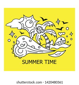 Summertime. Doodle beach with waves, palm trees and sun.