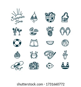 Summertime doodle set if icons. Swimwear, camera, tropical fruits and other objects. Vector illustration