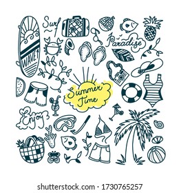 Summertime Doodle Set. Water Sports, Relax And Tropical Holiday Objects. Vector Illustration