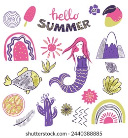 Summertime doodles. Hand drawn summer set of doodle. Travel collection. 