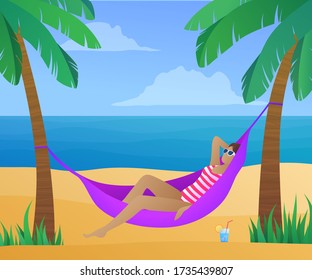 Summertime exotic beach vacation banner. Young girl sunbathing in hammock on tropical beach at sunny day. Beautiful ocean coastline with palm trees. Summer traveling and sea resort vector illustration