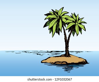 Summertime exotic scenic view with space for text on blue sky backdrop. High lush coconut palmtree plant on bay. Bright color hand drawn picture sketchy in art retro scribble etch style pen on paper