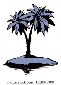 Summertime exotic scenic view with space for text on white sky backdrop. High lush coconut palmtree plant on bay. Freehand ink hand drawn picture sketchy in art retro scribble etch style pen on paper