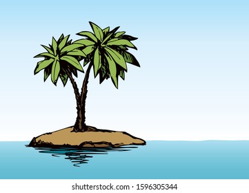 Summertime exotic scenic view with space for text on white sky backdrop. High lush coconut palmtree plant on bay. Freehand ink hand drawn picture sketchy in art retro scribble etch style pen on paper