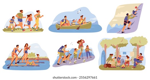 Summertime family outdoors activities flat vector illustrations set. Scenes of families running, camping, hiking, canoeing, sup surfing, climbing.