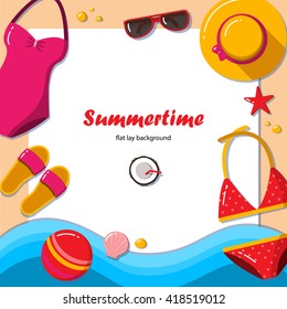 Summertime flat lay background. Summer vacation on the beach. It can be used in advertising, web design, graphic design for the layout.