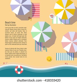 Summertime flat lay background.Beach, sea, sun umbrellas and other details. It can be used in advertising, web design, graphic design for the layout. Vector illustration.