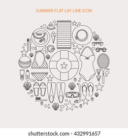 Summertime flat lay line infographics. Summer vacation on the beach, travel. It can be used in advertising, web design, graphic design for the layout. Made in trendy round composition.