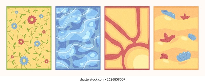 Summertime flat posters with ornament with flowers, water waves drawing, sunset and sand with seashells. Vertical decorative seasonal illustrations, vector art with grainy texture.