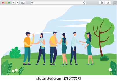 Ilustración vectorial plana en verano. La gente mira los aparatos del parque