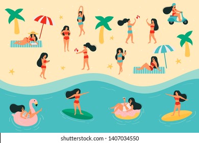 Summertime flat vector illustration. Women on the beach. Surfer girl. Sunbathing. Travel summer vacation. Woman on swim ring shape of flamingo and donuts. Playing with beach ball.