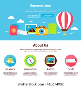 Summertime Flat Web Design Template. Vector Illustration for Website banner and landing page. Summer Travel Holiday Vacation and Resort Header with Icons Modern Design.