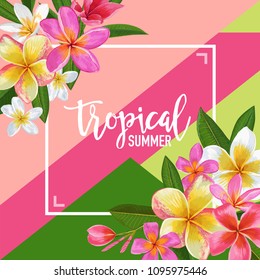 Summertime Floral Poster. Tropical Exotic Plumeria Flowers Design for Banner, Flyer, Brochure, Fabric Print. Hello Summer Watercolor Background. Vector illustration