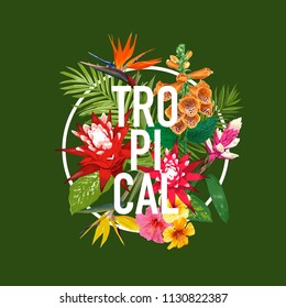 Summertime Floral Poster. Tropical Flowers and Palm Leaves Design for Banner, Flyer, Brochure, Fabric Print. Hello Summer Watercolor Botanical Background. Vector illustration