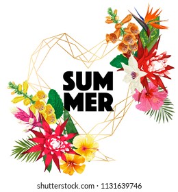 Summertime Floral Poster. Tropical Flowers and Palm Leaves Design for Banner, Flyer, Brochure, Fabric Print. Hello Summer Watercolor Botanical Background. Vector illustration