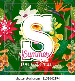 Summertime Floral Poster. Tropical Flowers and Palm Leaves Design for Banner, Flyer, Brochure, Fabric Print. Hello Summer Watercolor Botanical Background. Vector illustration